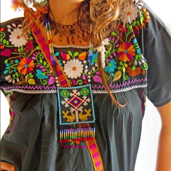Mexican Dress Boho Tunic Black Mini Embroidered - Picture 2 of 2